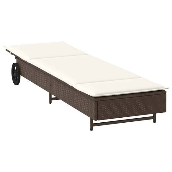 Chaise longue | Transat | Bain de soleil avec roues et coussin marron résine tressée - Image 4