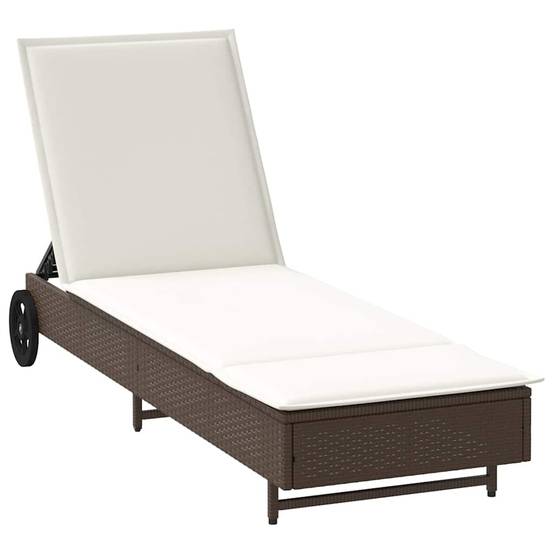 Chaise longue | Transat | Bain de soleil avec roues et coussin marron résine tressée - Image 1