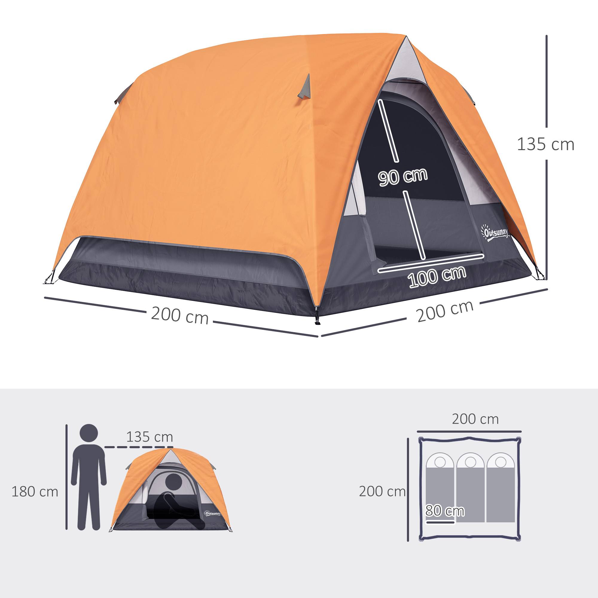 Tente de camping grise 4 personnes imperméable montage facile sac 200 x 200 x 135 cm, pratique - Image 5