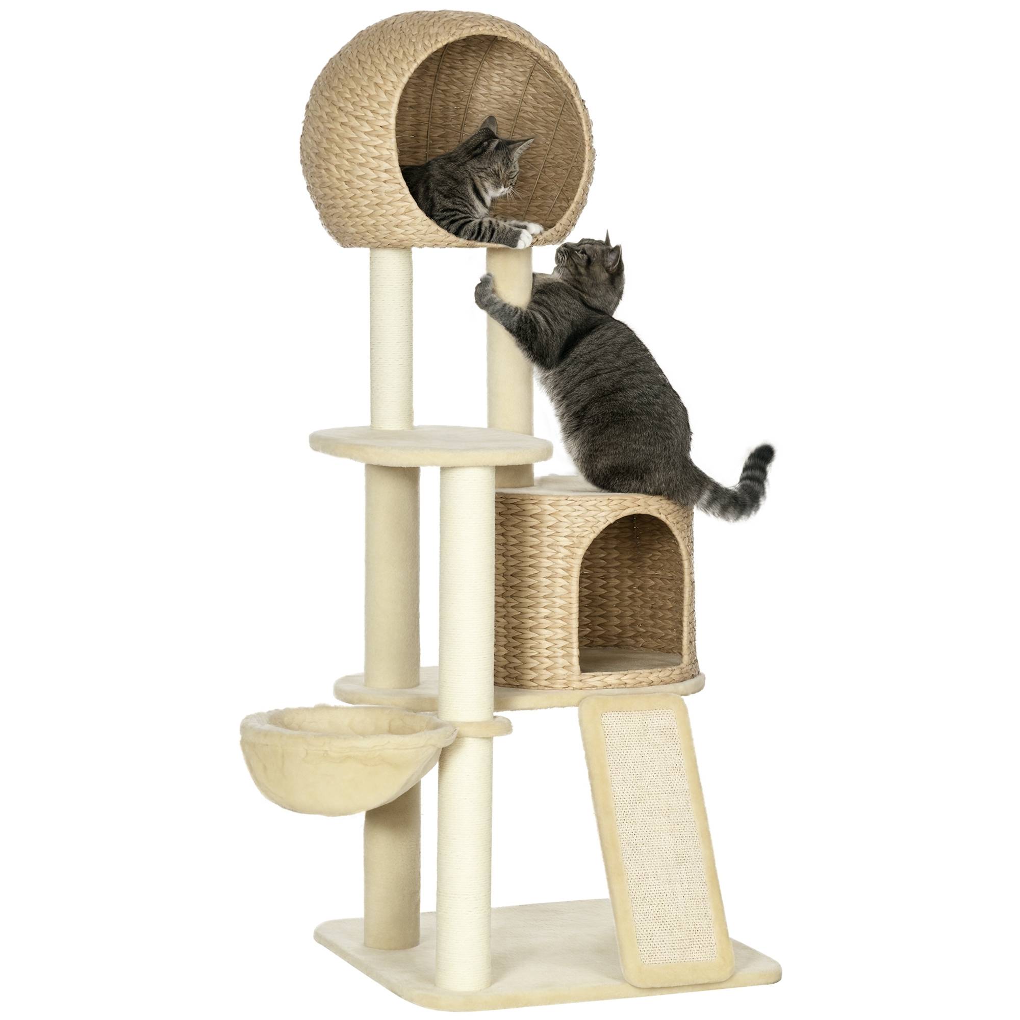 Arbre à chat maison plusieurs plateformes hamac griffoir anti-bascule beige 60x60x150cm - Image 1
