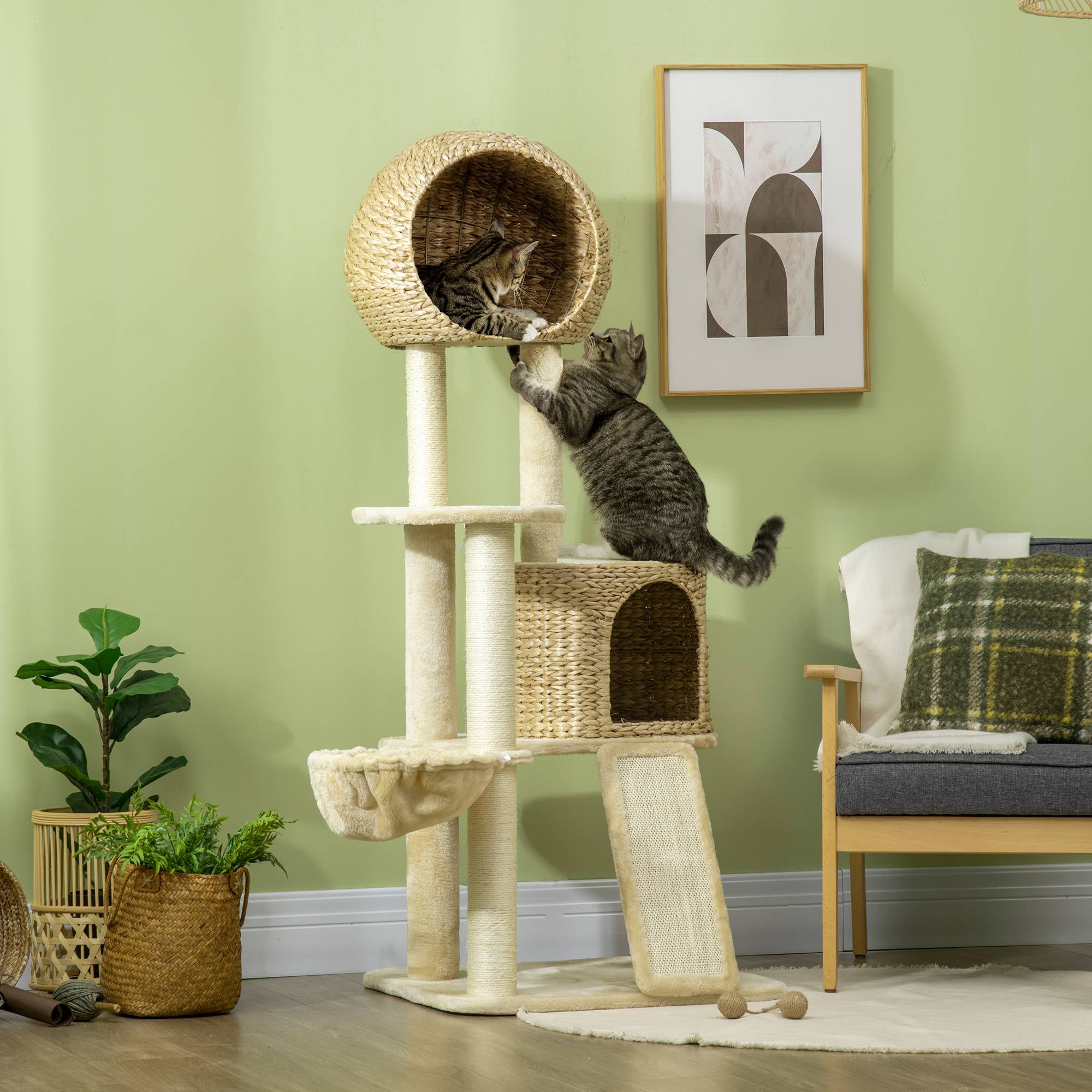 Arbre à chat maison plusieurs plateformes hamac griffoir anti-bascule beige 60x60x150cm - Image 4