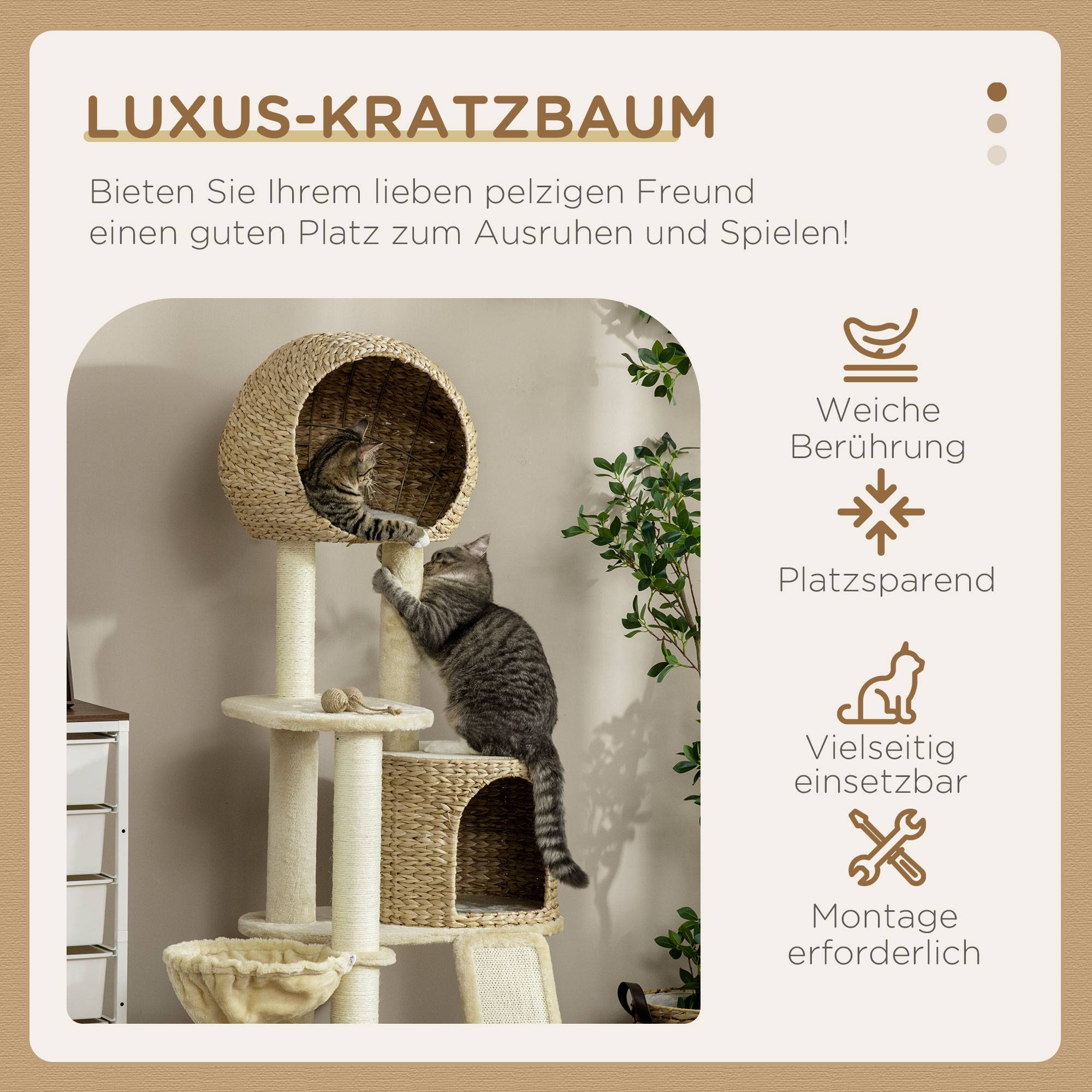Arbre à chat maison plusieurs plateformes hamac griffoir anti-bascule beige 60x60x150cm - Image 8