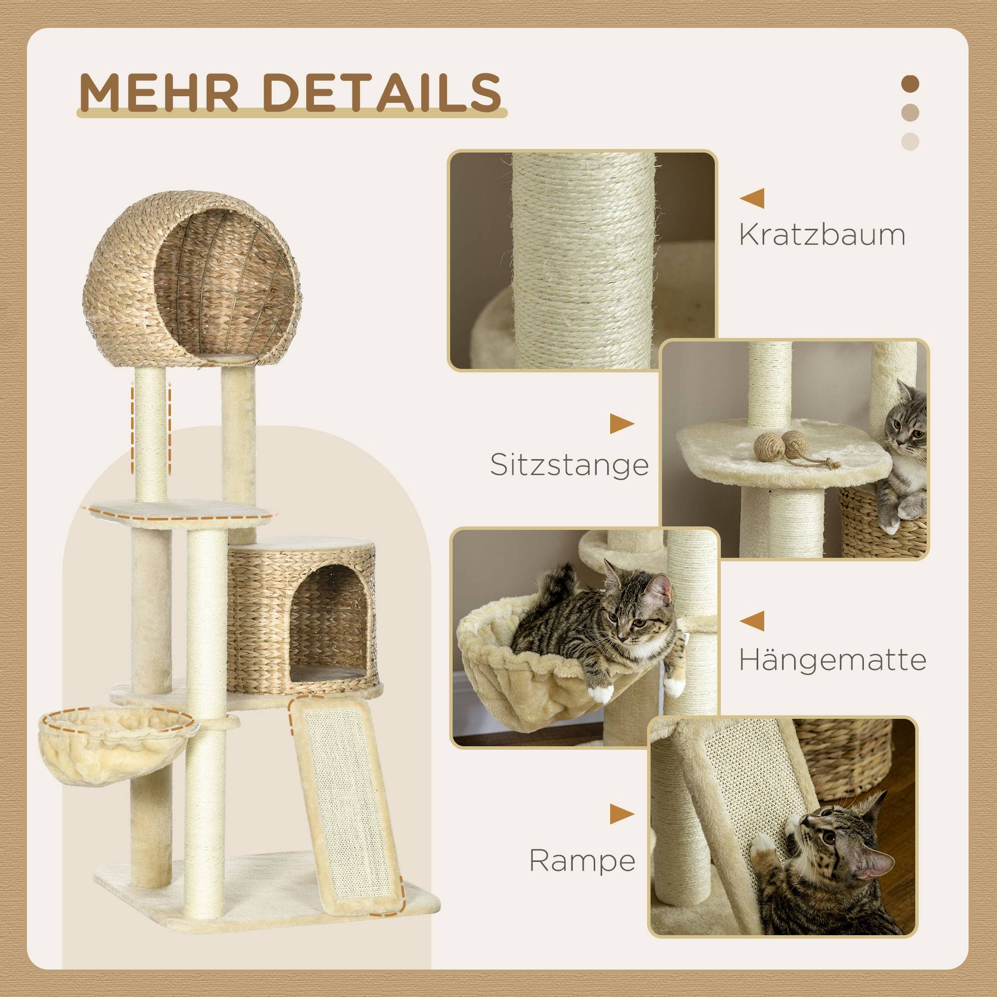 Arbre à chat maison plusieurs plateformes hamac griffoir anti-bascule beige 60x60x150cm - Image 7