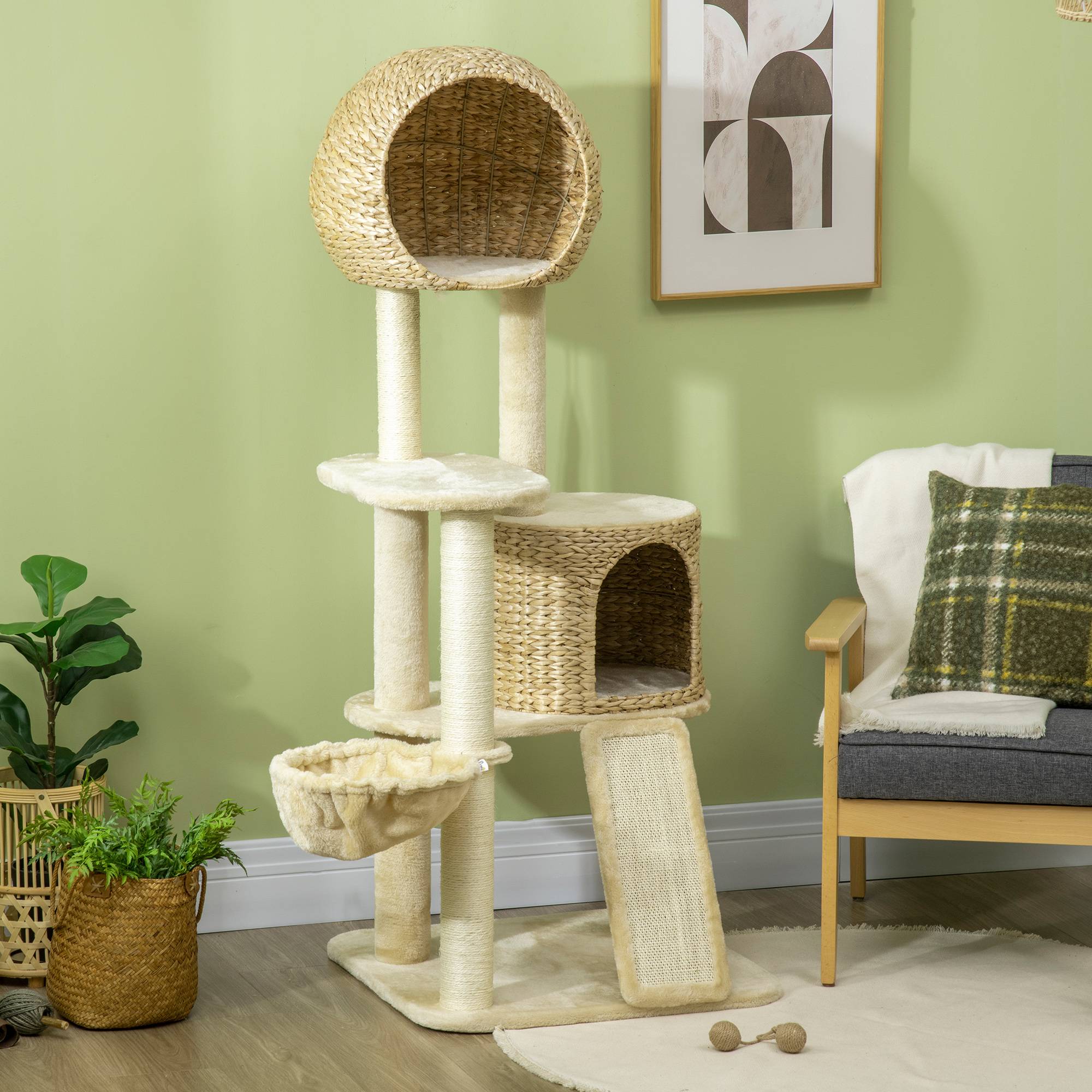 Arbre à chat maison plusieurs plateformes hamac griffoir anti-bascule beige 60x60x150cm - Image 10