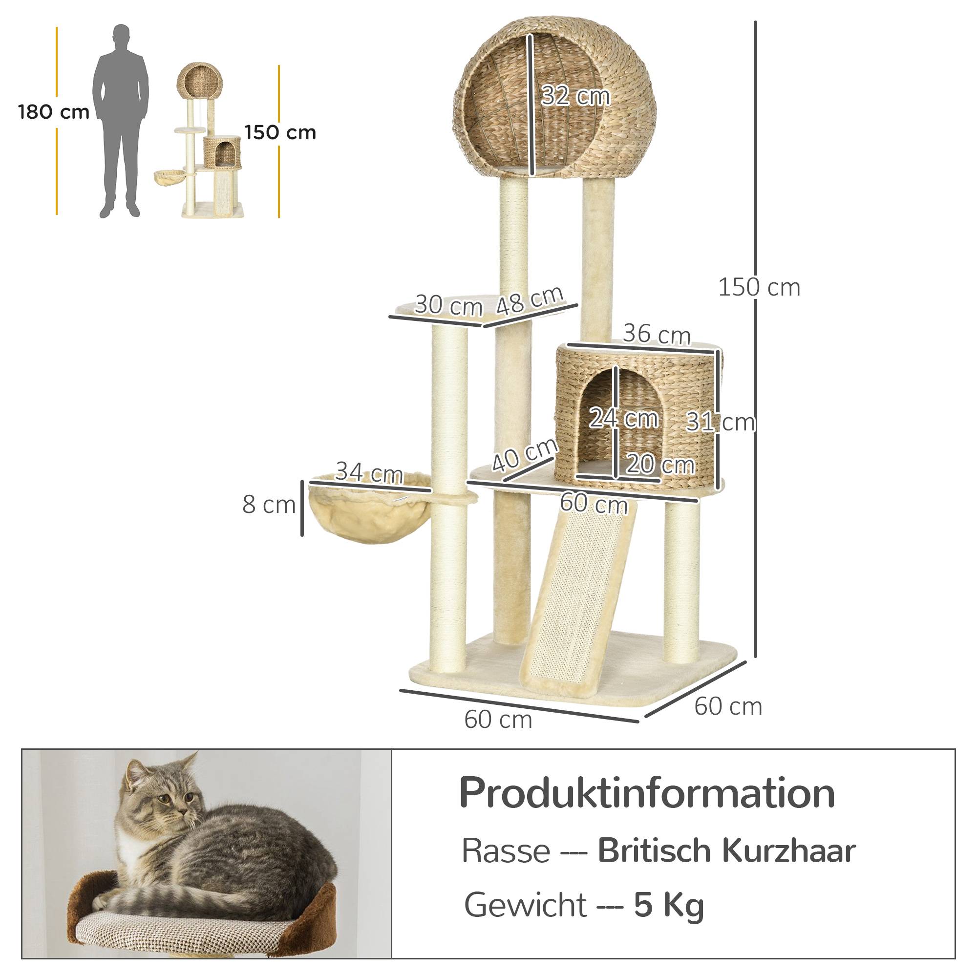 Arbre à chat maison plusieurs plateformes hamac griffoir anti-bascule beige 60x60x150cm - Image 5