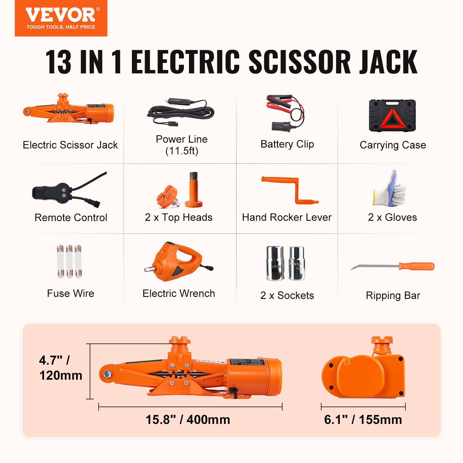 Vevor - VEVOR Cric losange électrique 3T 12V, levée 130-370 mm, avec clé à chocs, manivelle, coffret. - Image 7