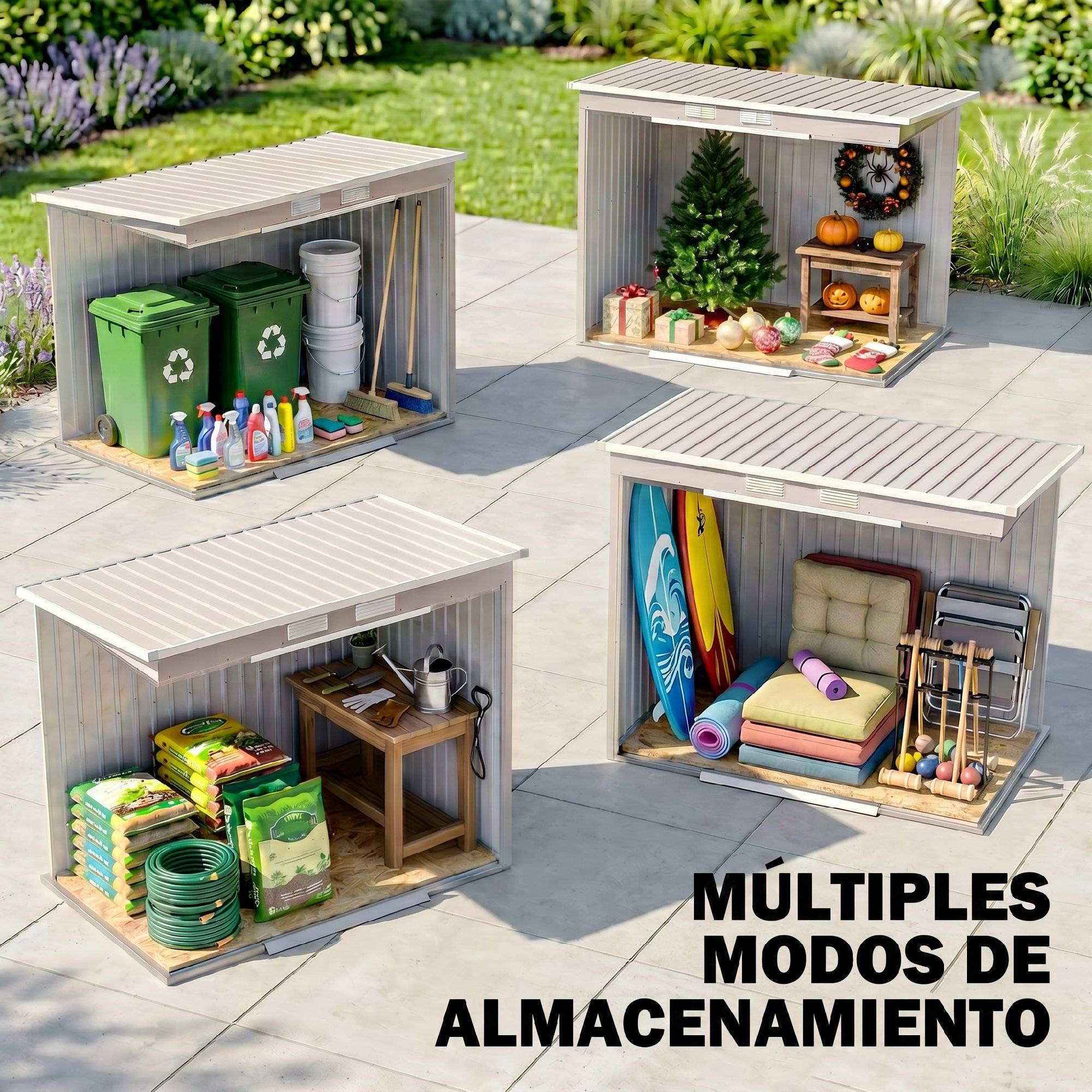 Remise de jardin extérieure 2,42 m² 213x130x172 cm porte coulissante toit incliné base 2 fenêtres gris clair - Image 10