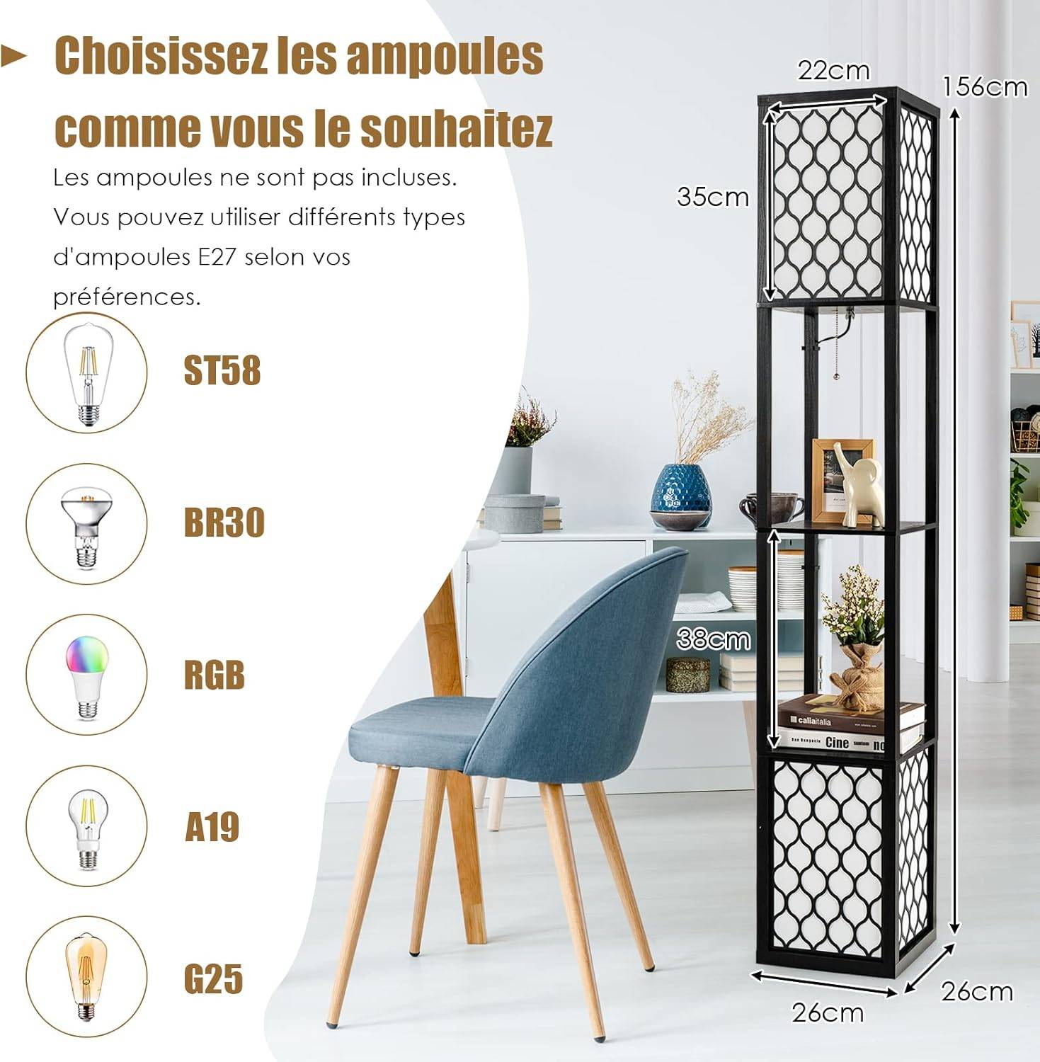 Lampadaire sur Pied/Lampe sur Pied 1,56 M-COSTWAY-2 Etagères de Stockage - Image 5