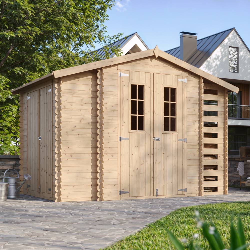 Timbela - Abri de jardin en bois et range bûches extérieur I206xL328xH218 cm/ 3,53 + 0,97+0,97 m² avec sol traité - 19 mm d’épaisseur - Timbela M389C+M389G - Image 1