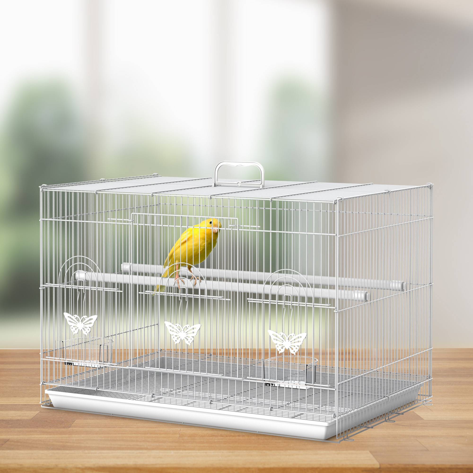 Cage à oiseaux métal avec perchoirs, bols alimentaires et poignée, 60x41x41cm - Image 4
