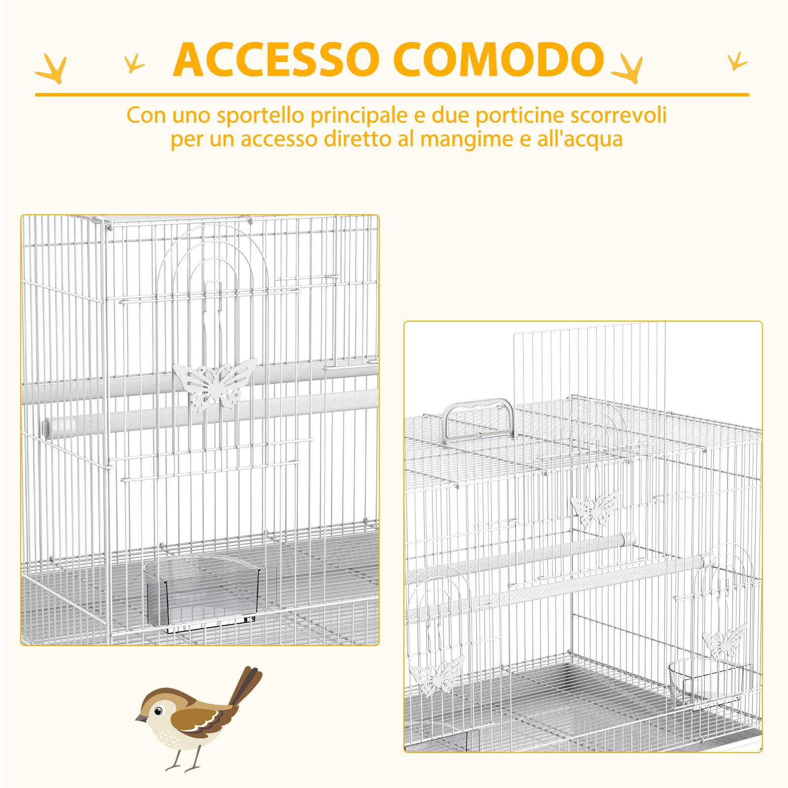 Cage à oiseaux métal avec perchoirs, bols alimentaires et poignée, 60x41x41cm - Image 7