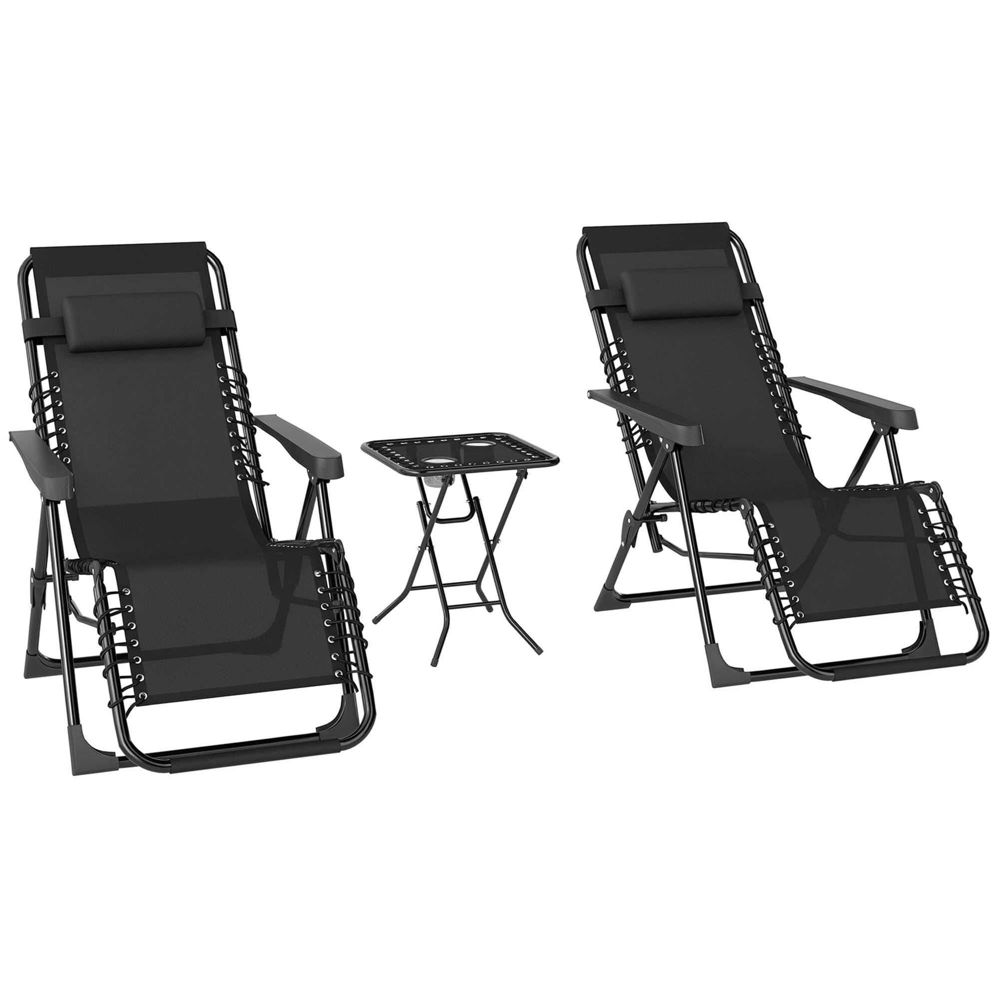 Lot 2 fauteuils salon pliants inclinables table appoint porte-gobelets appui-tête 120 kg noir, set 2 fauteuils transat avec table