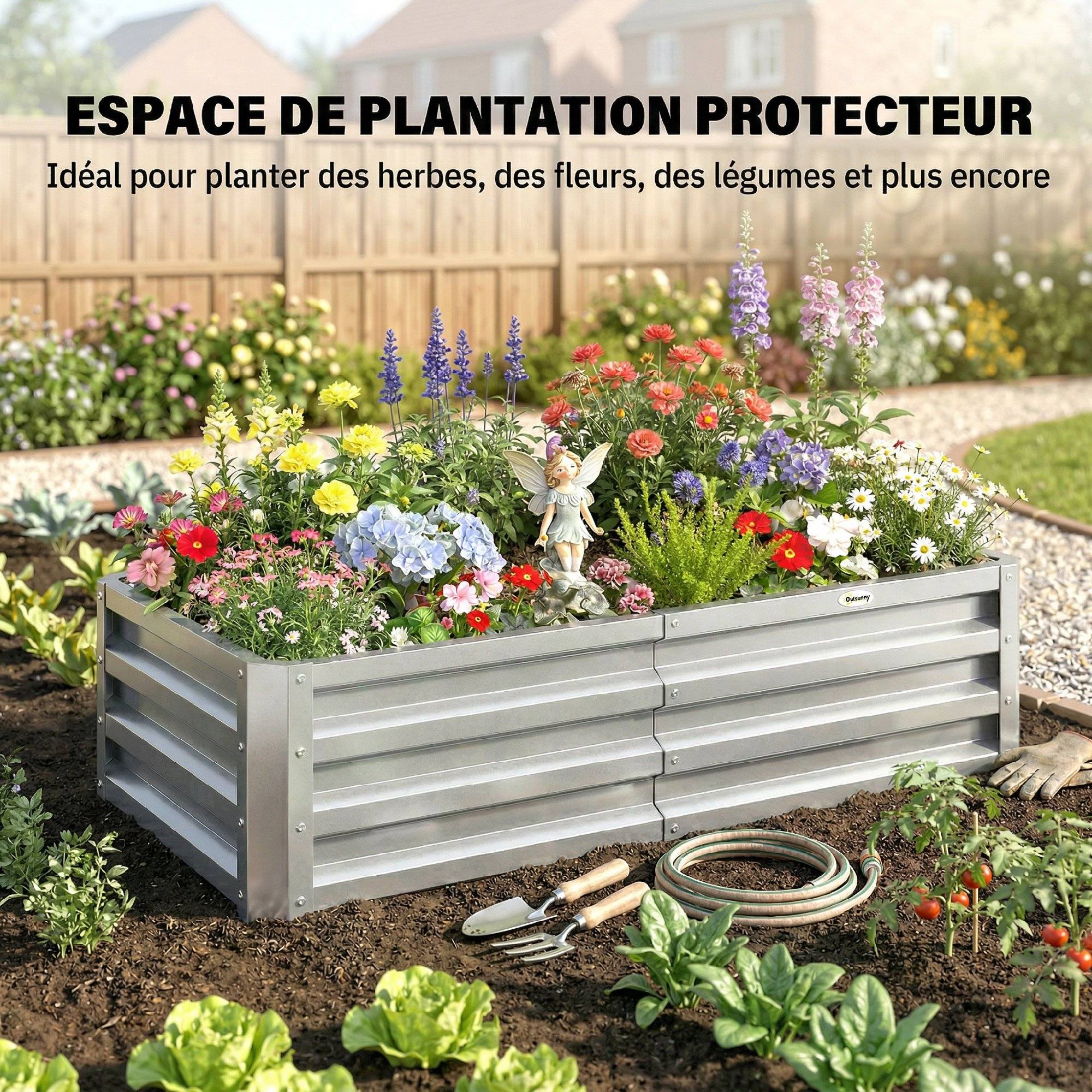 Potager rectangulaire en tôle acier ondulée argent 120 x 60 x 30,5 cm, bac surélevé pour jardin terrasse extérieur - Image 8