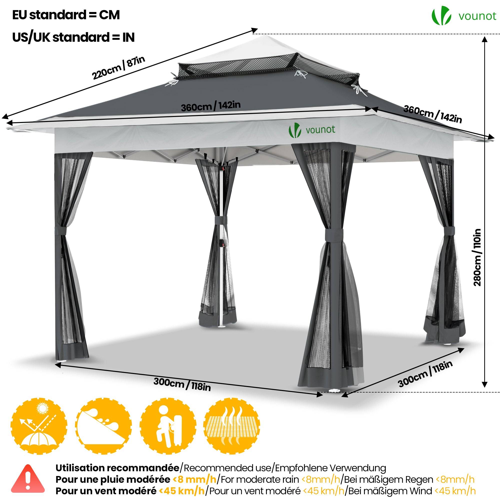 VOUNOT® Tonnelle de jardin 3,6x3,6m pliable avec moustiquaire installation facile POP UP gris - Image 5