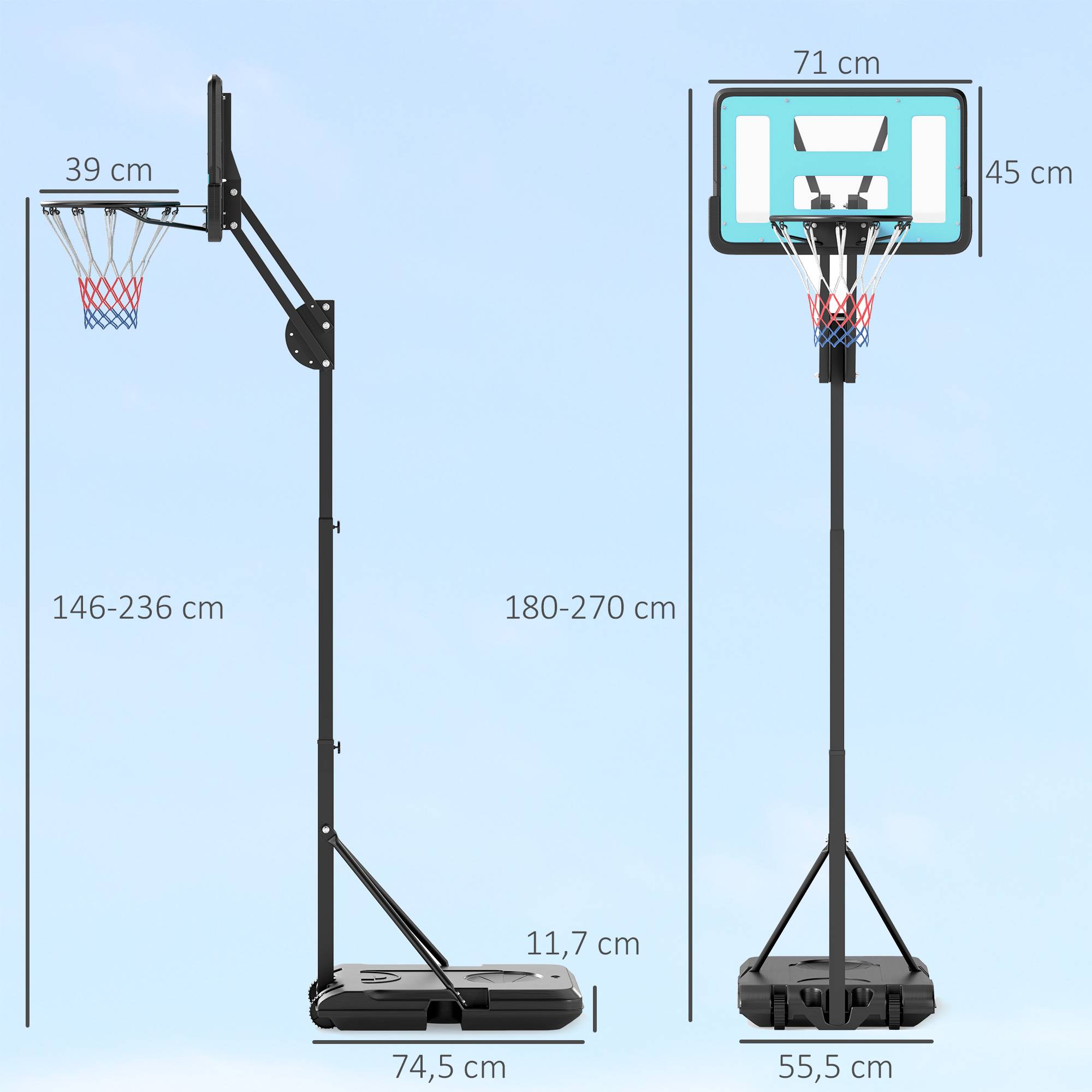 Panier de basket extérieur hauteur réglable 146-236cm panier de basket sur pied à roulettes base remplissable noir - Image 5
