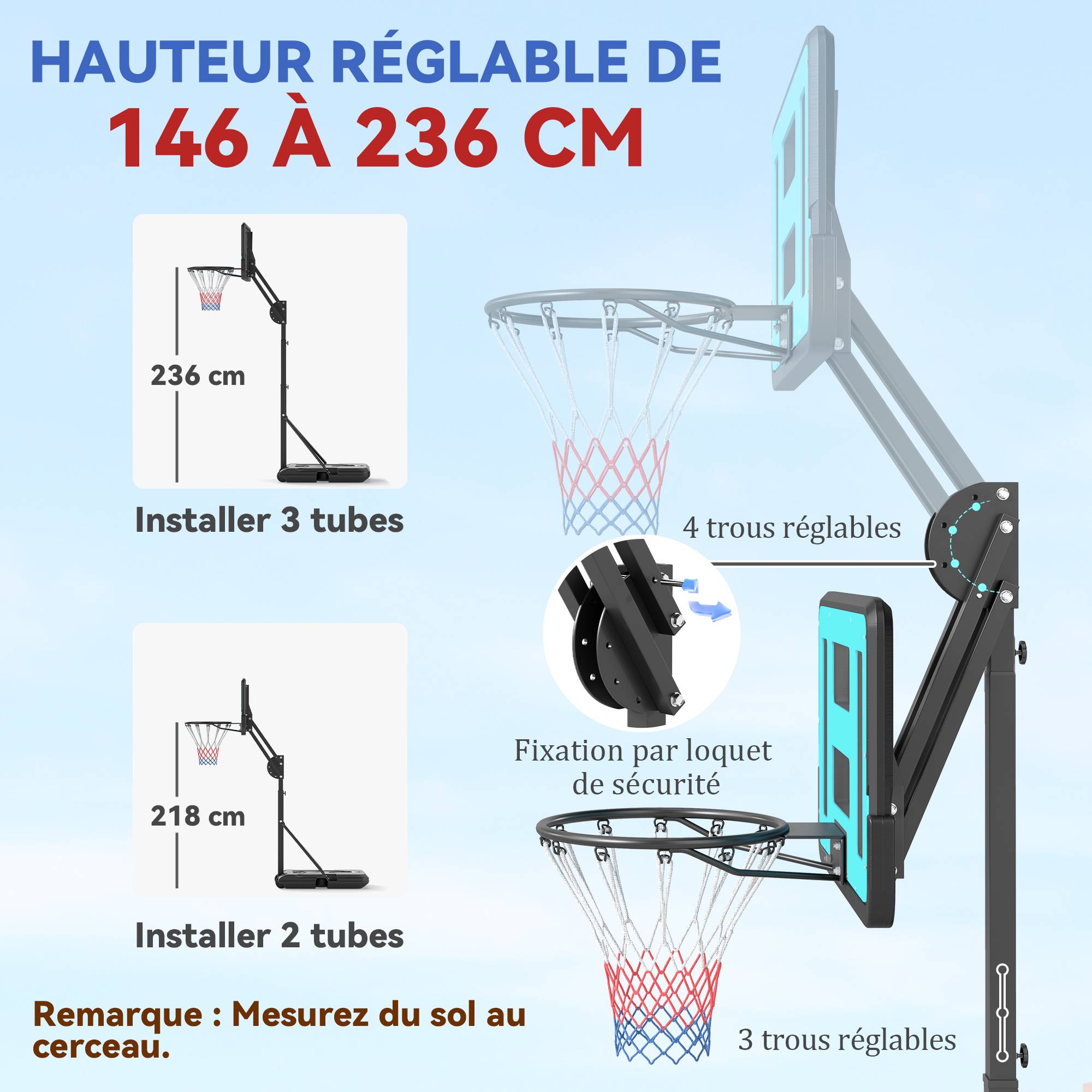 Panier de basket extérieur hauteur réglable 146-236cm panier de basket sur pied à roulettes base remplissable noir - Image 6