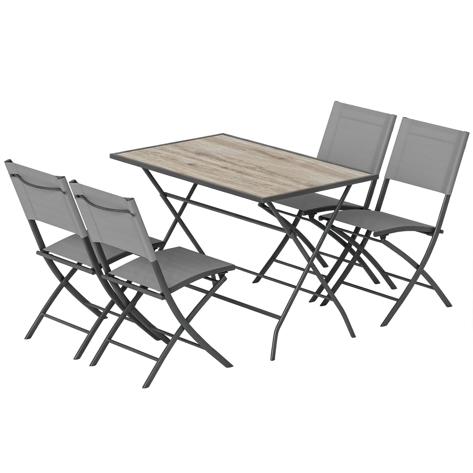 ComfortXL - Salon de jardin 5 pièces acier gris table effet bois 4 chaises pliantes respirantes gain de place terrasse - Image 2