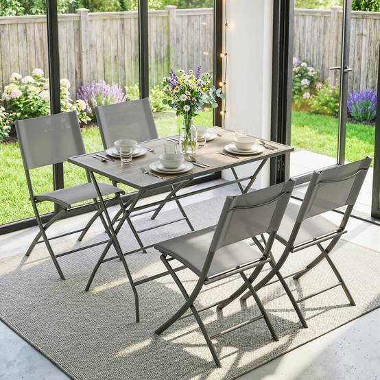 ComfortXL - Salon de jardin 5 pièces acier gris table effet bois 4 chaises pliantes respirantes gain de place terrasse - Image 9