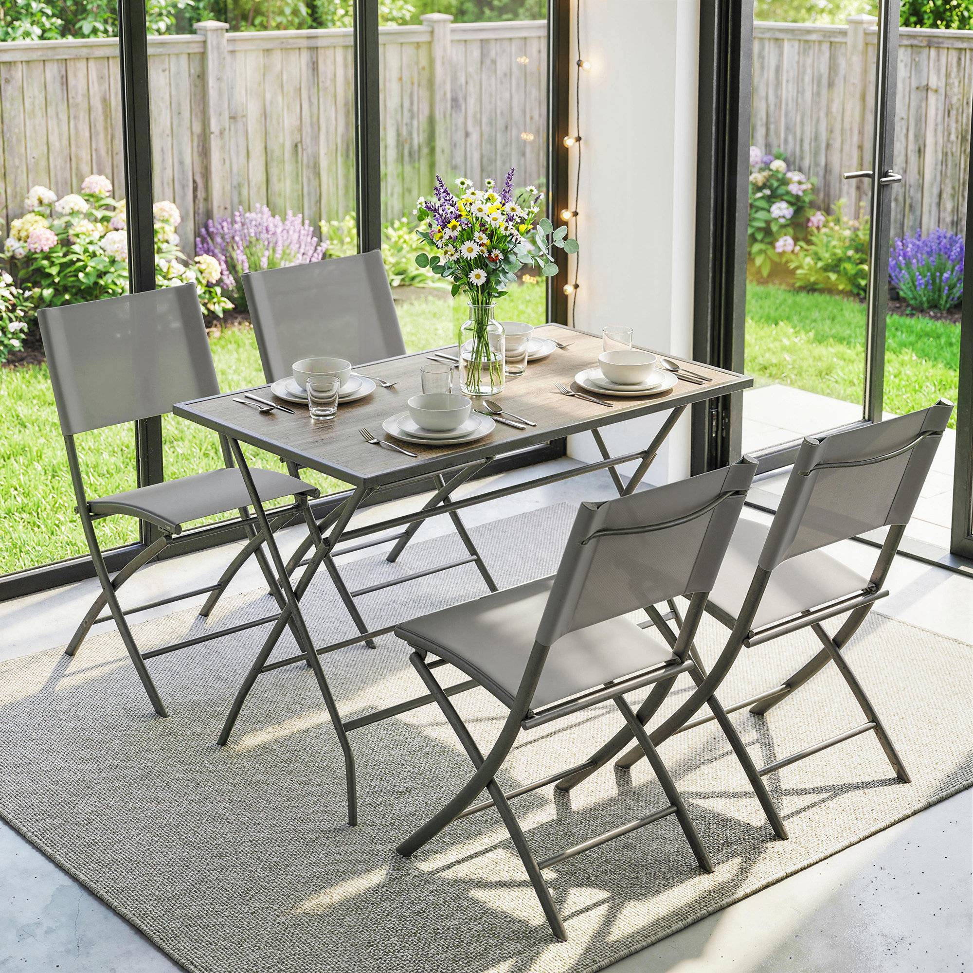 ComfortXL - Salon de jardin 5 pièces acier gris table effet bois 4 chaises pliantes respirantes gain de place terrasse - Image 9