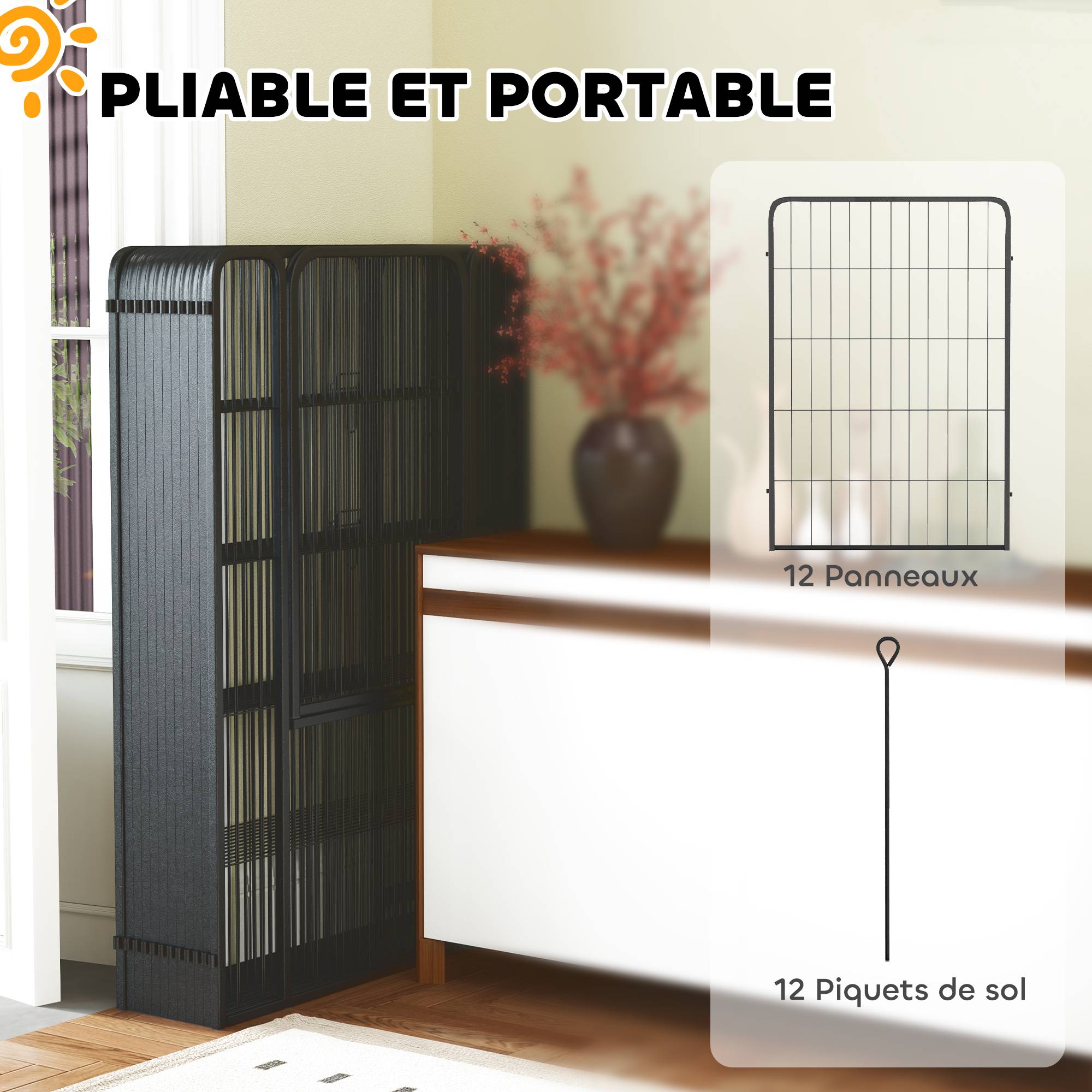 Parc pour chien, enclos chien 12 panneaux modulable et pliable, portable en acier avec porte 68 x 100 noir - Image 8