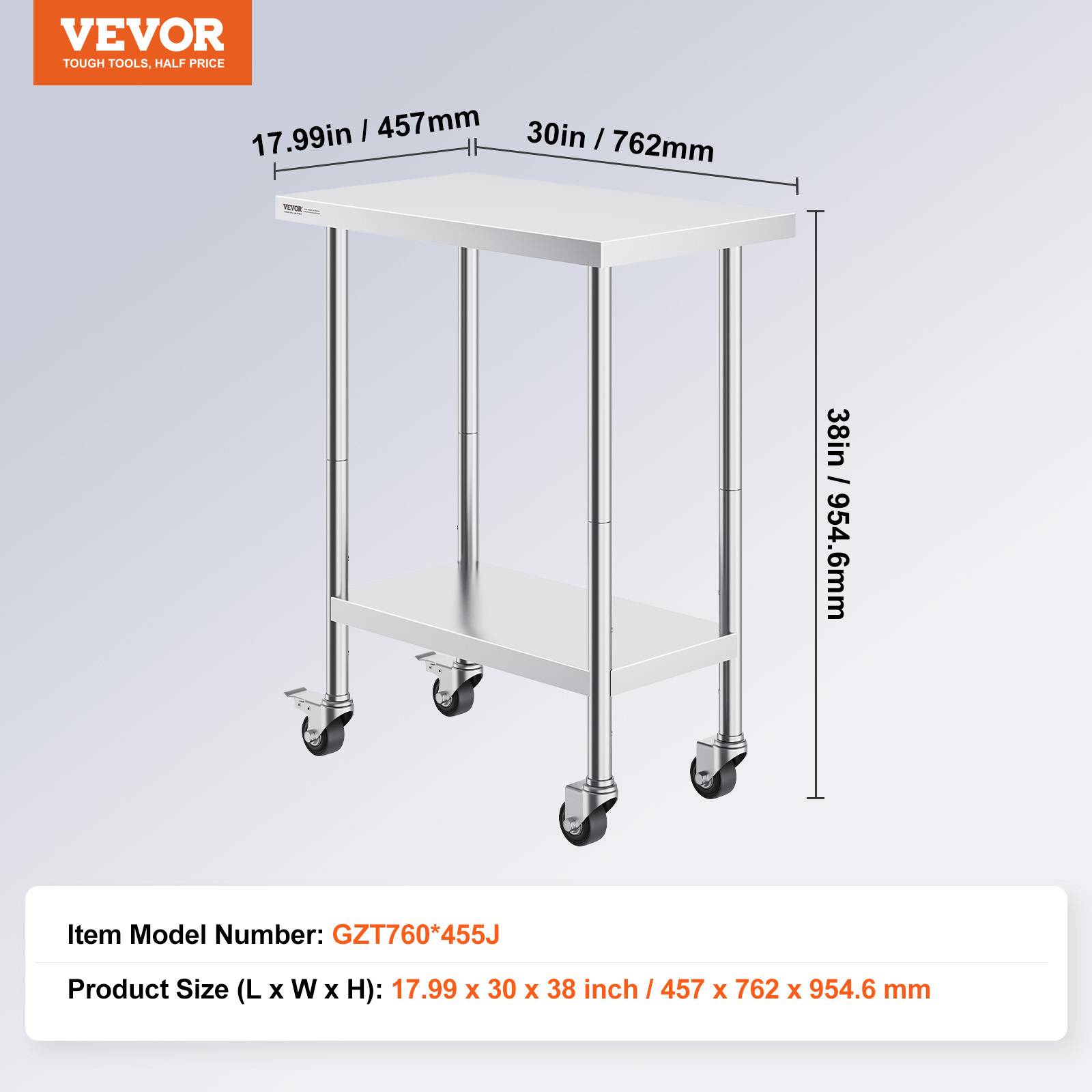 Vevor - VEVOR Table préparation inox 30x18x38 pouces, 4 roulettes, 3 réglages hauteur, pour cuisine restaurant. - Image 7