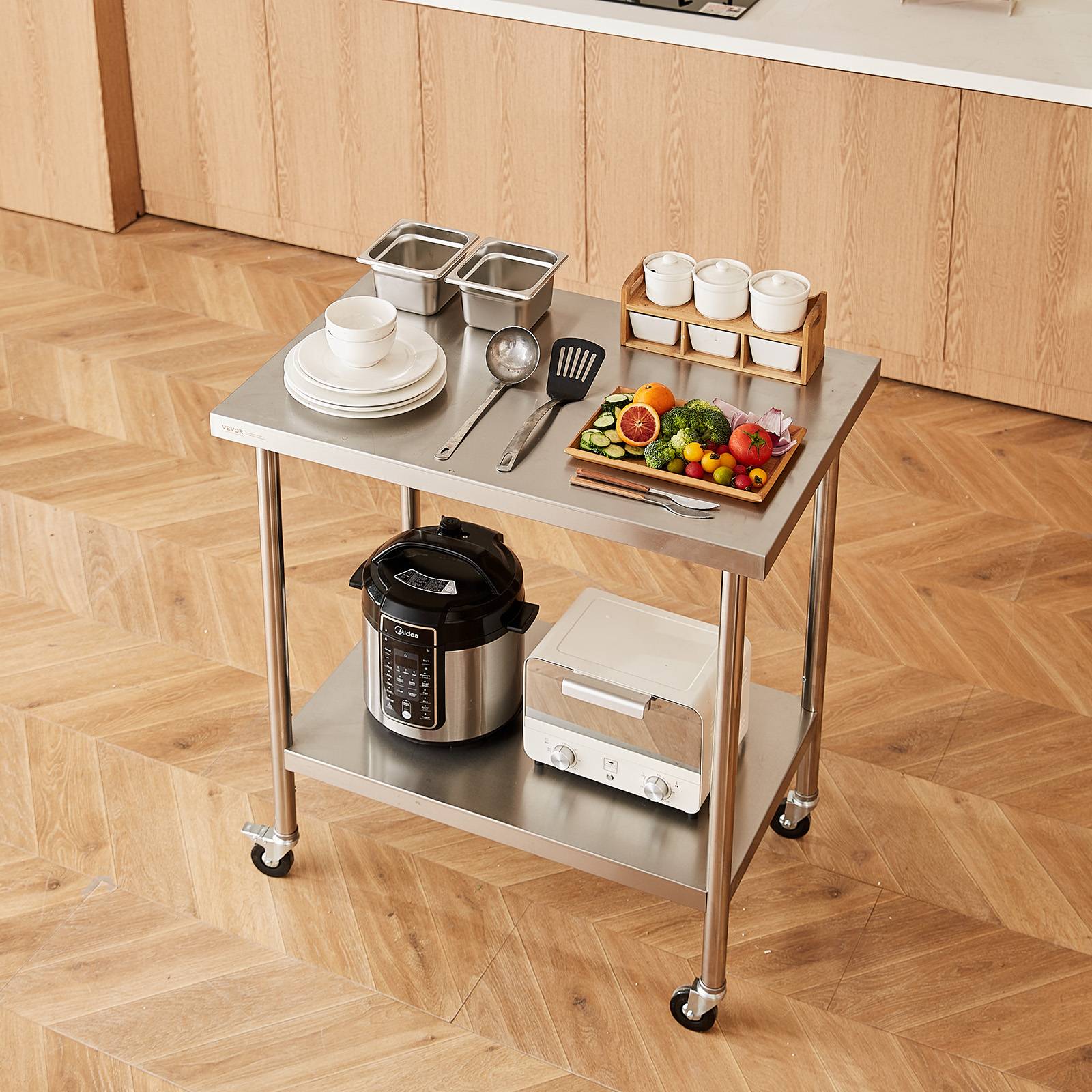 Vevor - VEVOR Table préparation inox 30x18x38 pouces, 4 roulettes, 3 réglages hauteur, pour cuisine restaurant. - Image 8