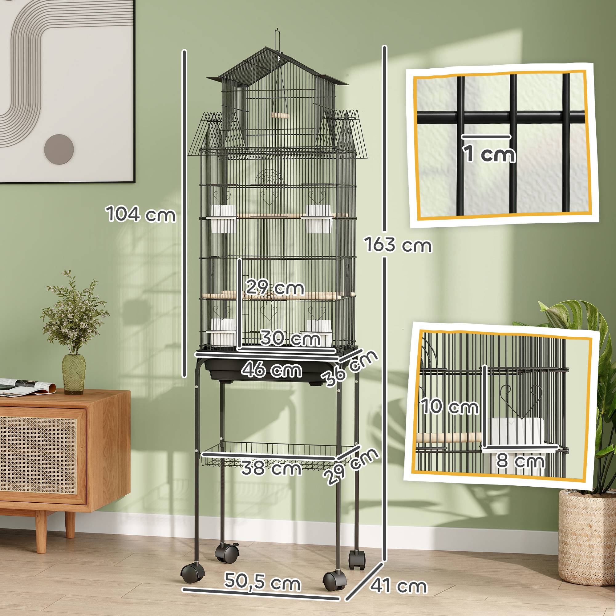 Sans Marque - Cage à oiseaux sur pied, volière sur roulettes avec balançoire, support, design maison, 50,5 x 41 x 163 cm en acier noir - Image 5