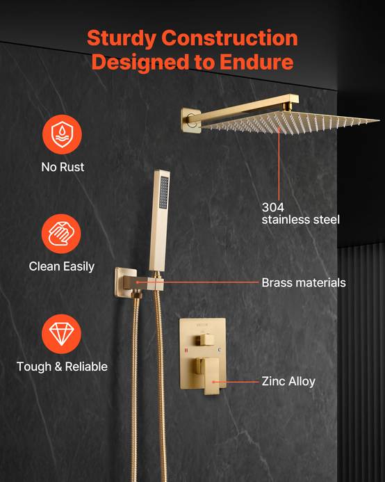 VEVOR Kit de Douche avec Douchette de Tête Carrée 25,4 cm et à Main Or Brossé - Image 6