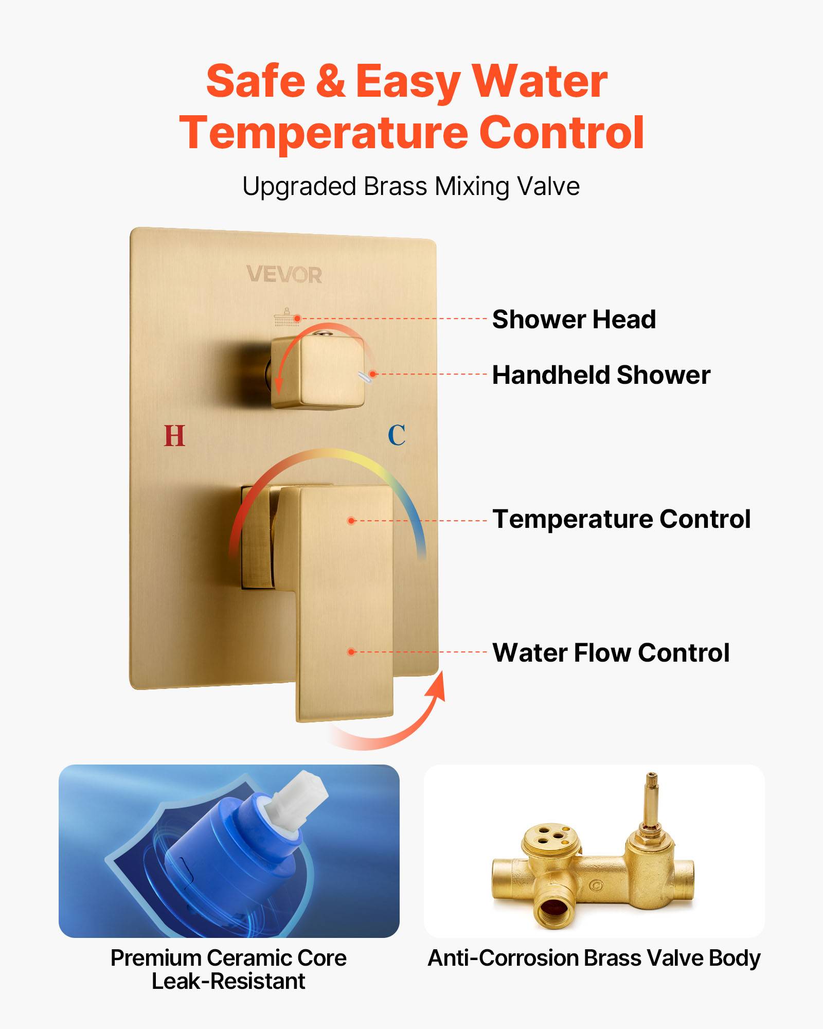 VEVOR Kit de Douche avec Douchette de Tête Carrée 25,4 cm et à Main Or Brossé - Image 5