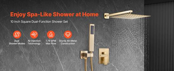 VEVOR Kit de Douche avec Douchette de Tête Carrée 25,4 cm et à Main Or Brossé - Image 9