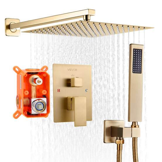 VEVOR Kit de Douche avec Douchette de Tête Carrée 25,4 cm et à Main Or Brossé - Image 1