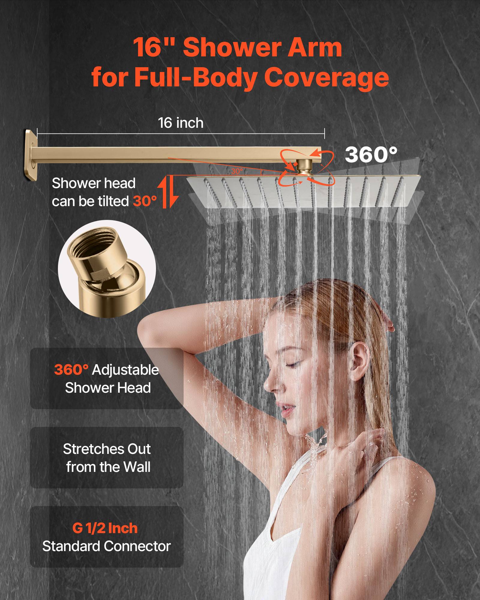 VEVOR Kit de Douche avec Douchette de Tête Carrée 25,4 cm et à Main Or Brossé - Image 4
