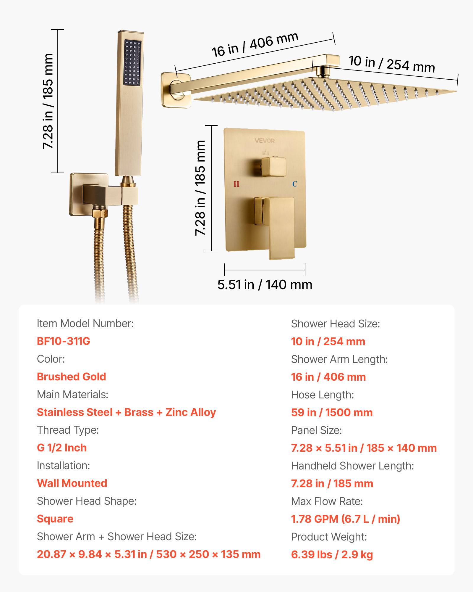VEVOR Kit de Douche avec Douchette de Tête Carrée 25,4 cm et à Main Or Brossé - Image 7