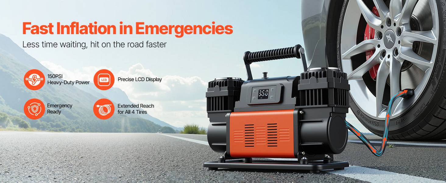 Vevor - VEVOR Compresseur 12 V double cylindre 300 L/min 1080 W, arrêt auto avec écran LCD, pompe portative pour voitures, SUV, camions et camping-cars - Image 9