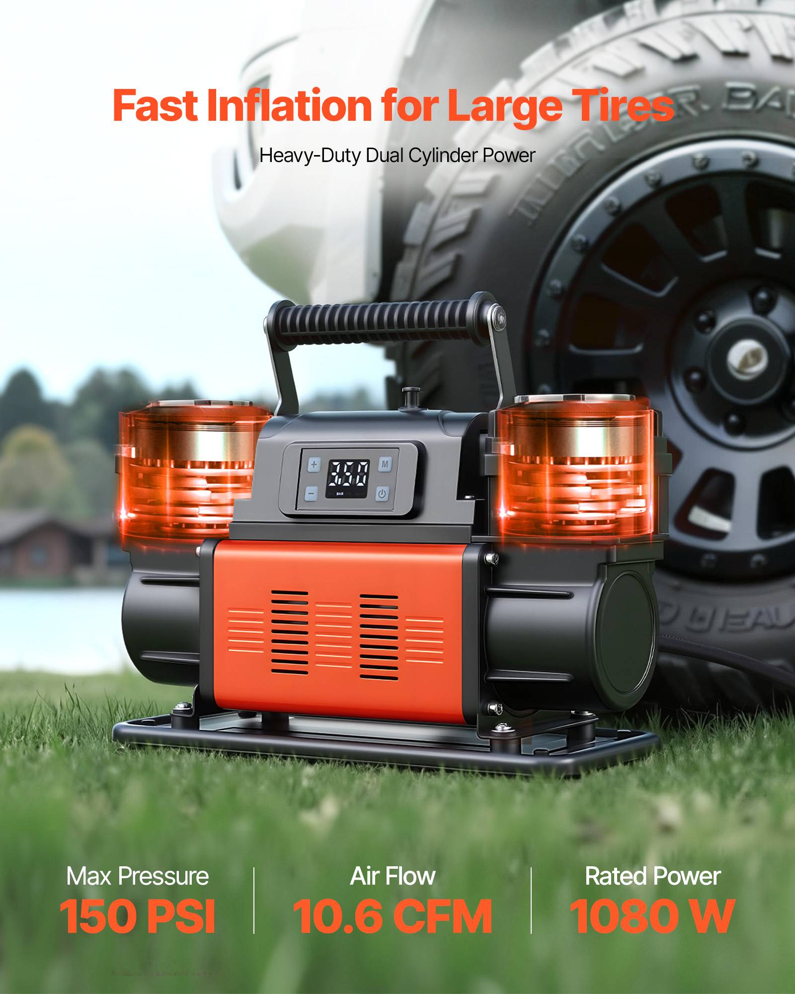 Vevor - VEVOR Compresseur 12 V double cylindre 300 L/min 1080 W, arrêt auto avec écran LCD, pompe portative pour voitures, SUV, camions et camping-cars - Image 2