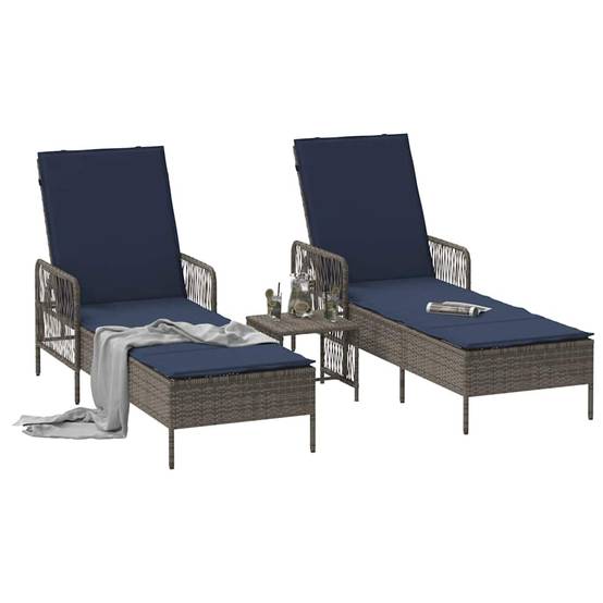 Transat | Bain de soleil | Chaise longue avec coussin 3 pcs Gris et bleu marine polyrotin - Image 3