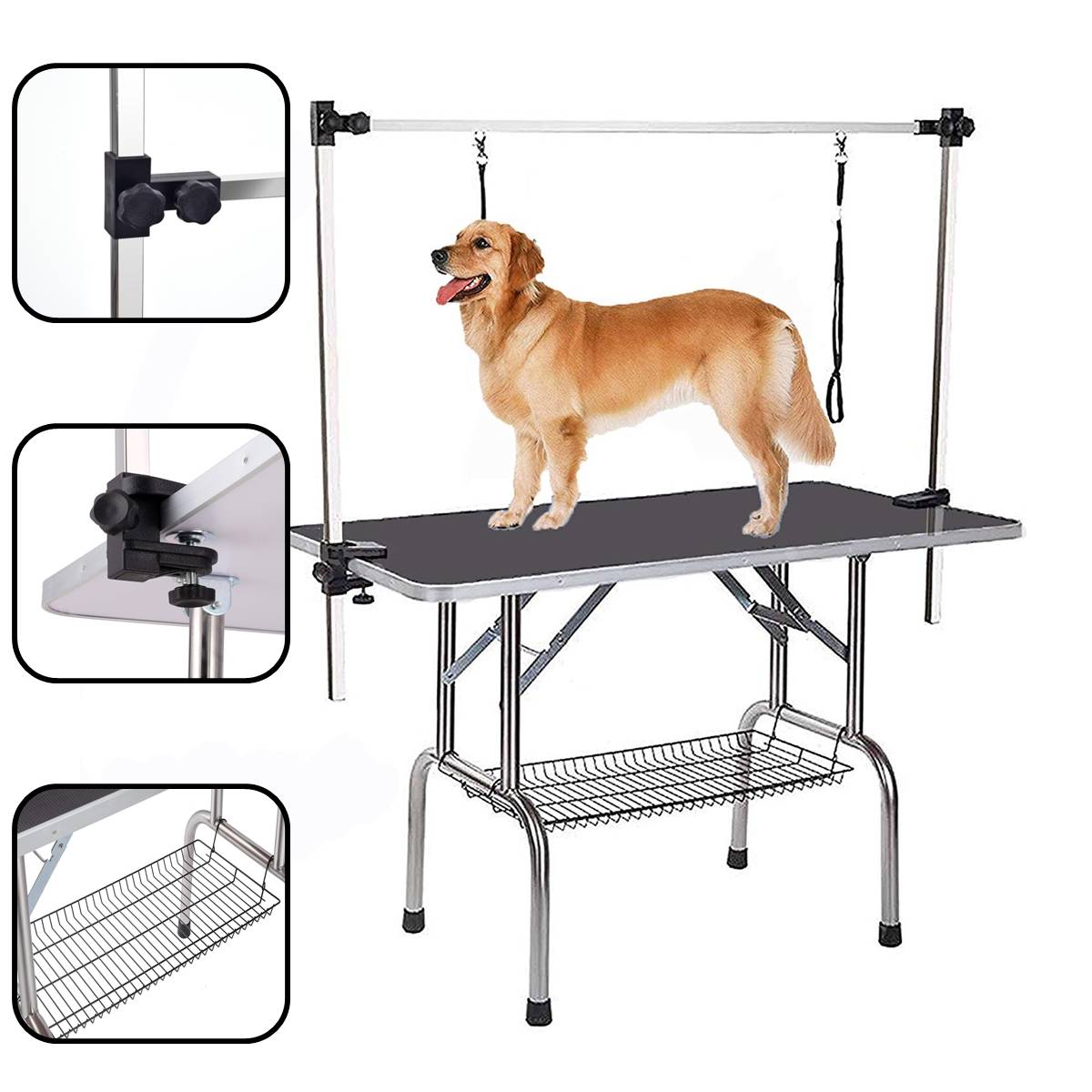 Table de toilettage pliable animaux domestiques 90 x 60 x 76 cm acier inoxydable et MDF noir - PANGIVO - Image 5