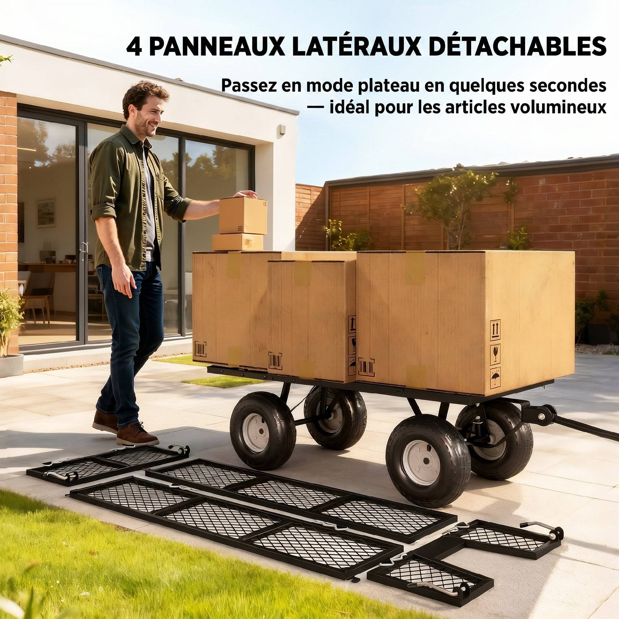 ComfortXL - Chariot de jardin en acier vert 105 x 51 x 54 cm pour travaux extérieurs charge 300 kg avec bâche amovible - Image 4