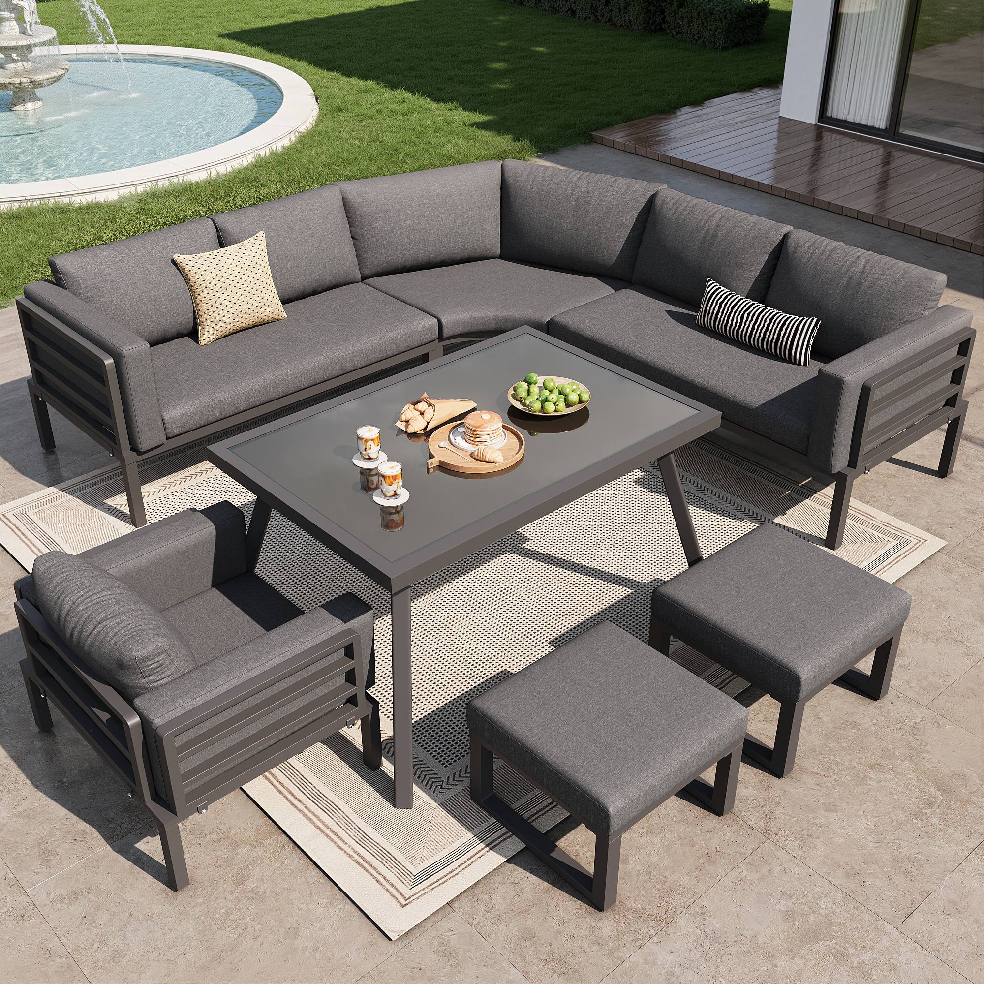 ComfortXL - Salon de Jardin 8 Places Acier Gris Terrasse Modulable Coussins 8cm - ComfortXL Outdoor Living