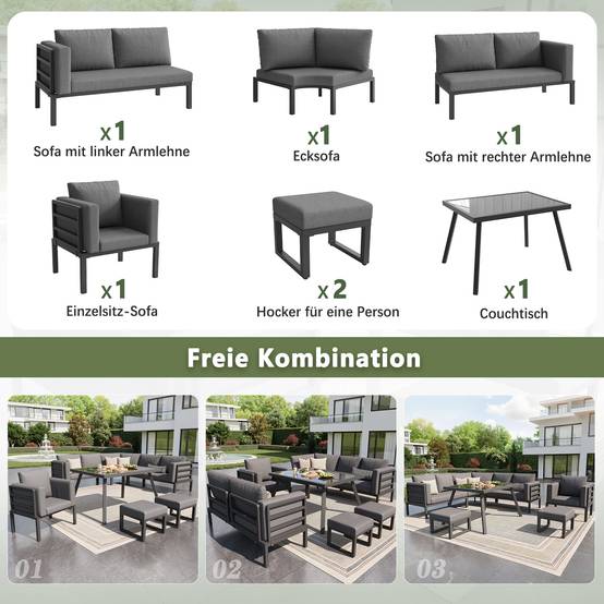 ComfortXL - Salon de Jardin 8 Places Acier Gris Terrasse Modulable Coussins 8cm - ComfortXL Outdoor Living - Image 6