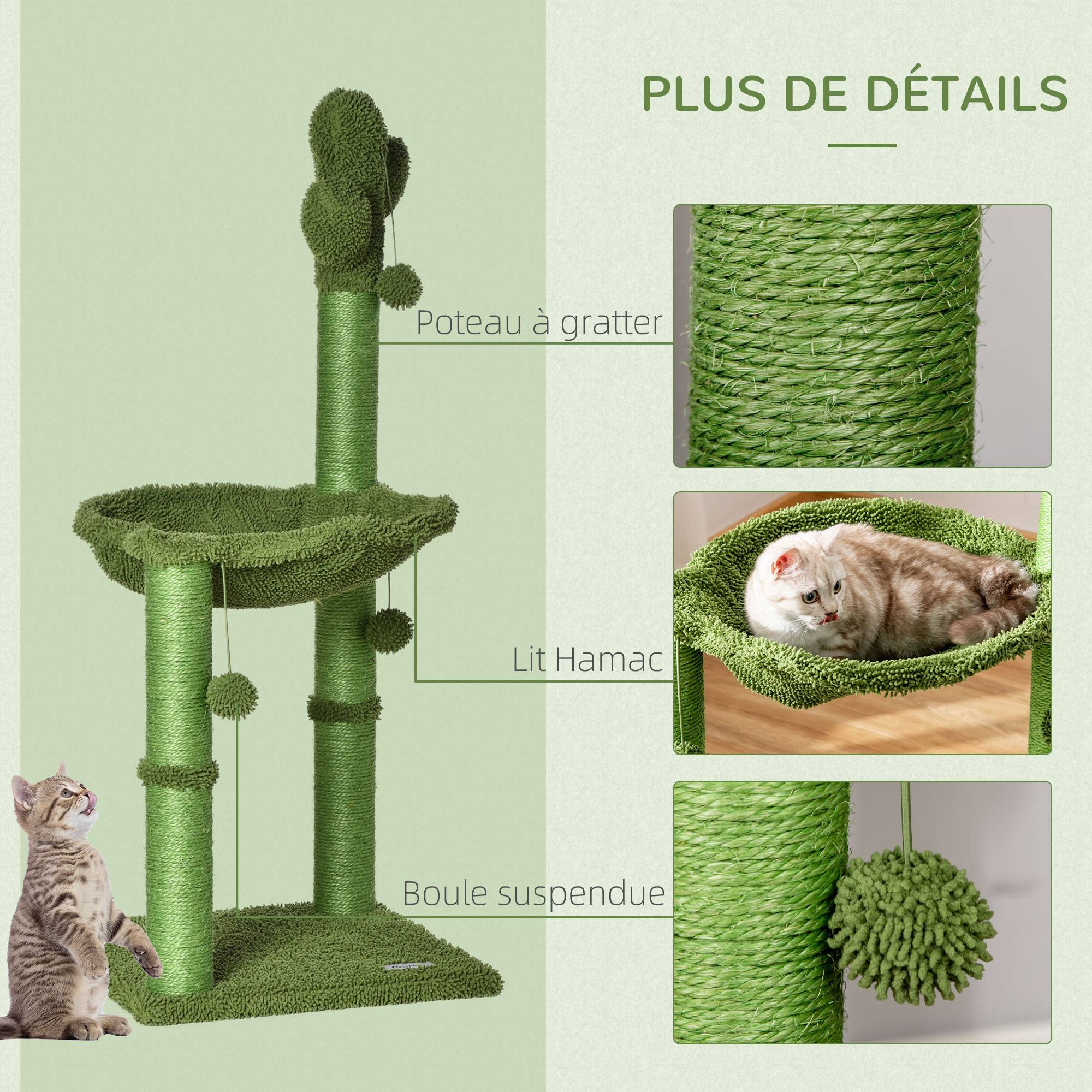 Pawhut - Arbre à chat griffoirs design cactus - hamac, 3 jouets pompons suspendus - panneaux peluche sisal vert - Image 5