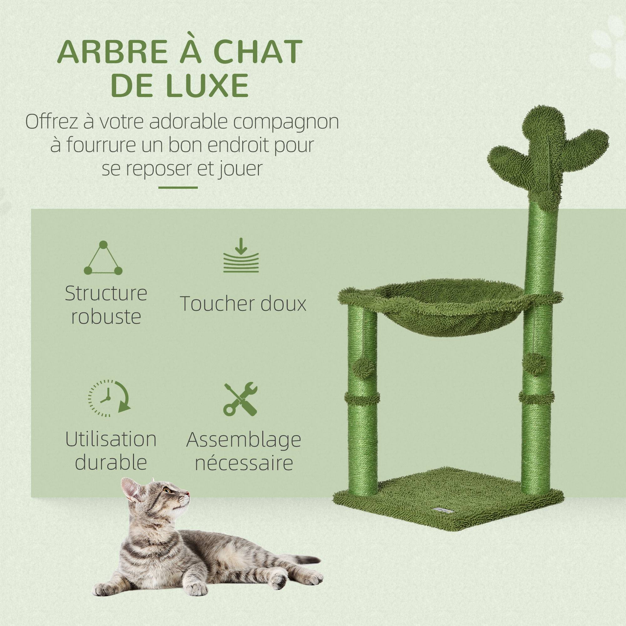 Pawhut - Arbre à chat griffoirs design cactus - hamac, 3 jouets pompons suspendus - panneaux peluche sisal vert - Image 4