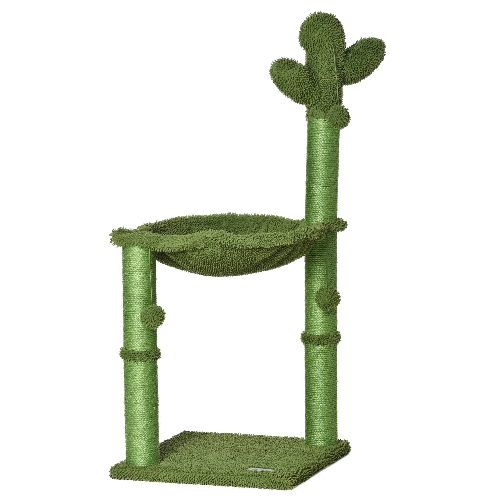 Pawhut - Arbre à chat griffoirs design cactus - hamac, 3 jouets pompons suspendus - panneaux peluche sisal vert - Image 1