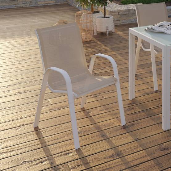 Lot de 6 chaises de jardin LYMA métal et textilène empilables blanc et beige - Image 1