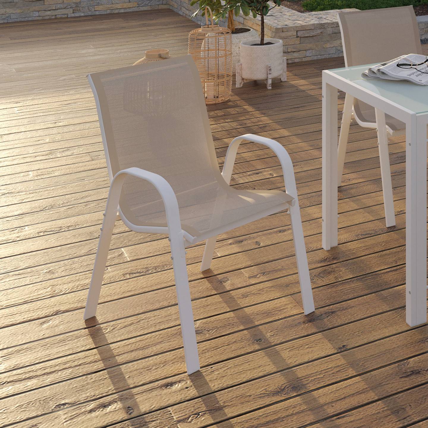 Lot de 6 chaises de jardin LYMA métal et textilène empilables blanc et beige - Image 1