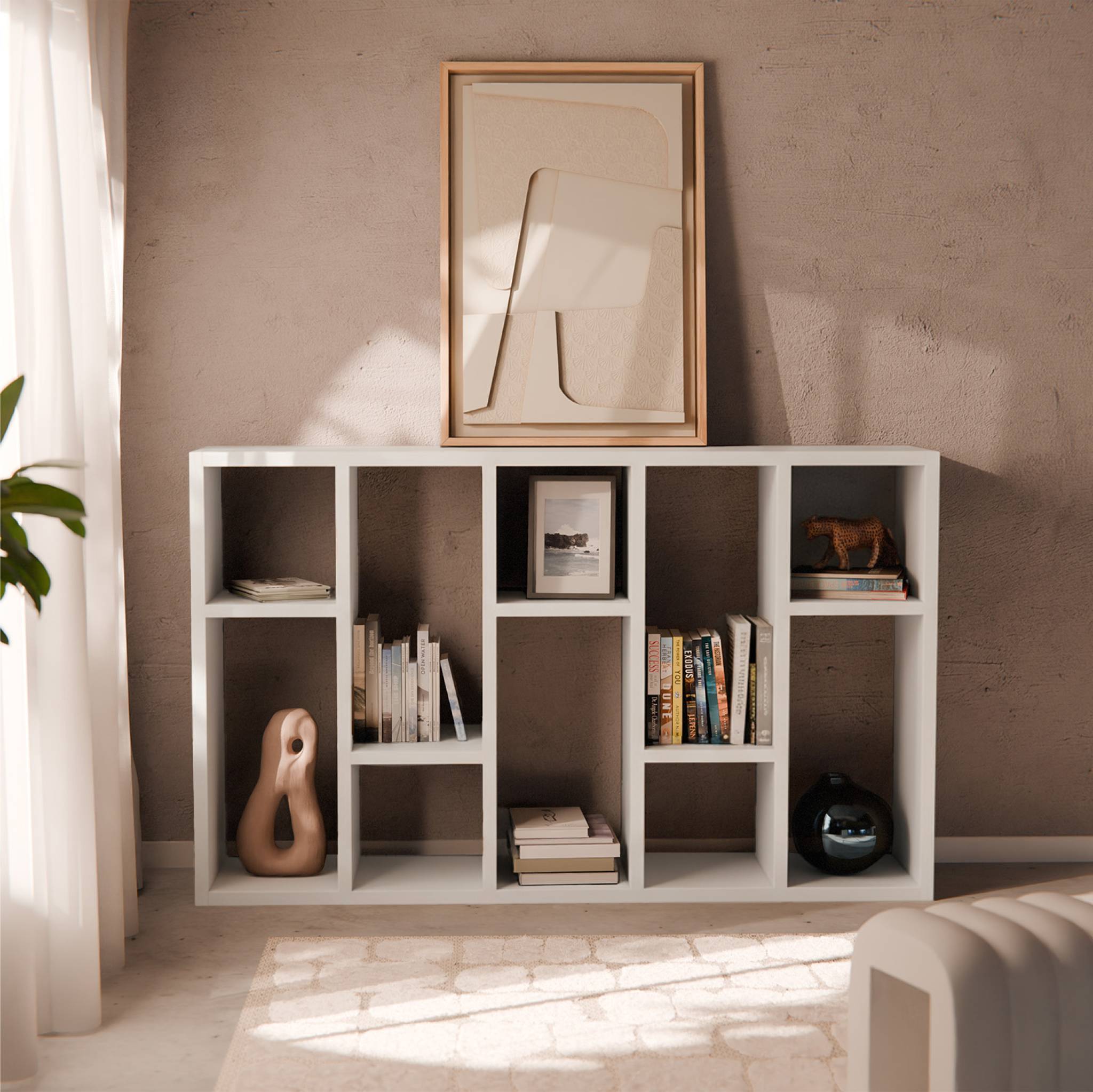 sweeek - Etagère bibliothèque asymétrique 5 niveaux 10 compartiments. casiers. effet bois blanc. L 111.2 x P 39 x H 190cm | sweeek - Image 3