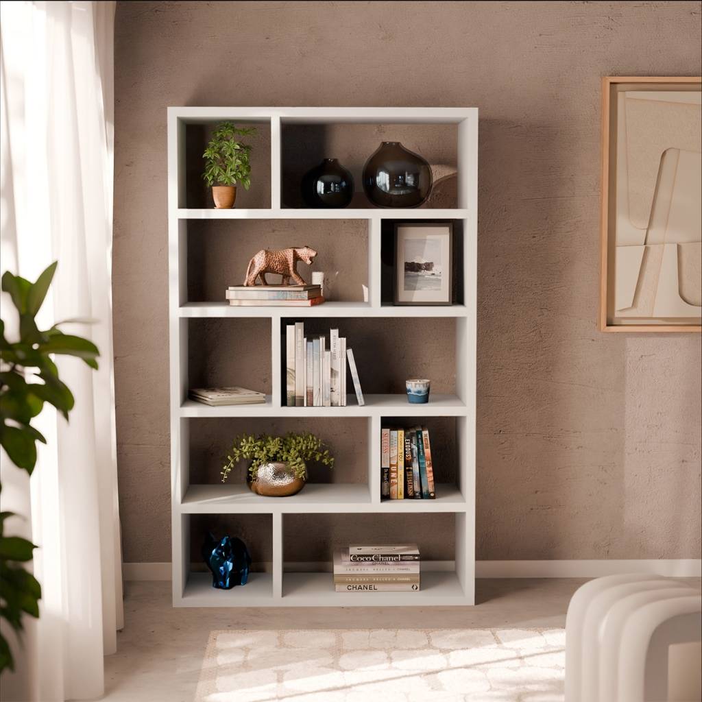sweeek - Etagère bibliothèque asymétrique 5 niveaux 10 compartiments. casiers. effet bois blanc. L 111.2 x P 39 x H 190cm | sweeek - Image 1