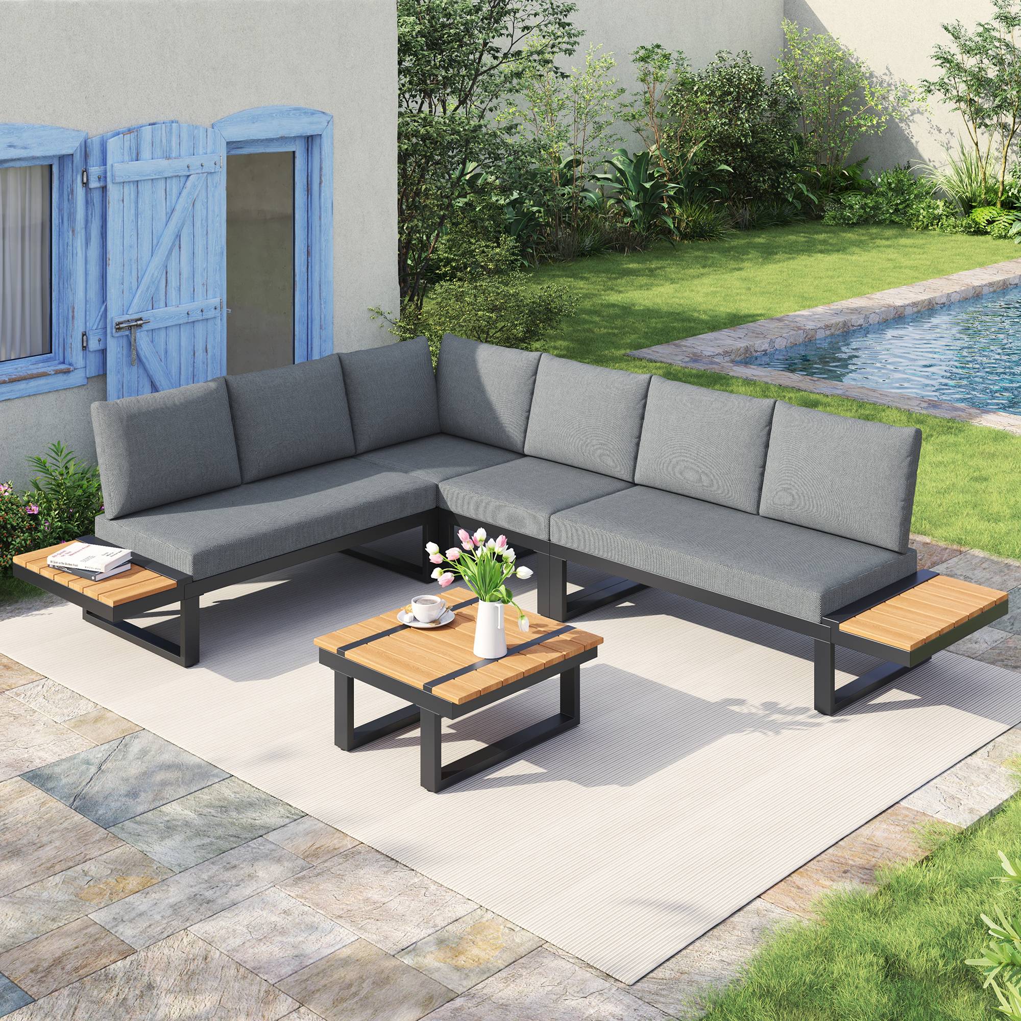 Salon de jardin d'angle acier galvanisé terrasse convertible lits inclinables gris - ComfortXL Outdoor Living - Image 10