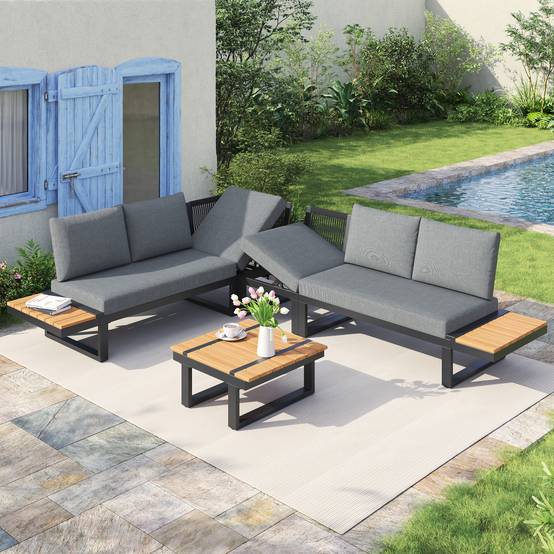 Salon de jardin d'angle acier galvanisé terrasse convertible lits inclinables gris - ComfortXL Outdoor Living - Image 1