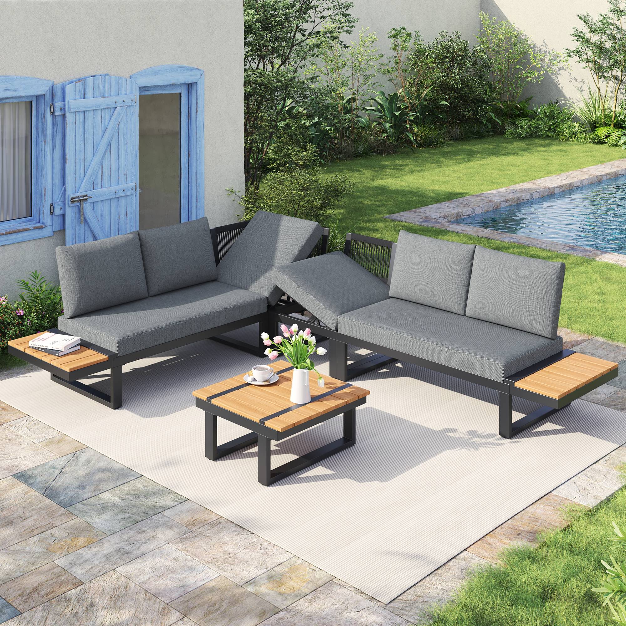 Salon de jardin d'angle acier galvanisé terrasse convertible lits inclinables gris - ComfortXL Outdoor Living - Image 1